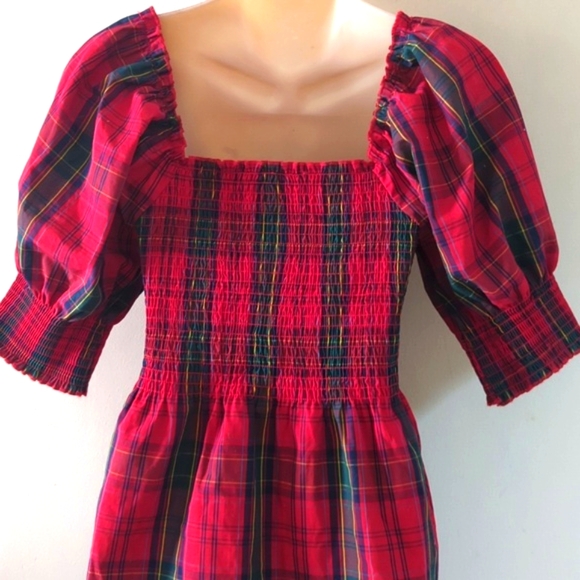 Nicole Miller Red Smocked Tartan Plaid Puff Sleeve Dress S - Picture 7 of 16